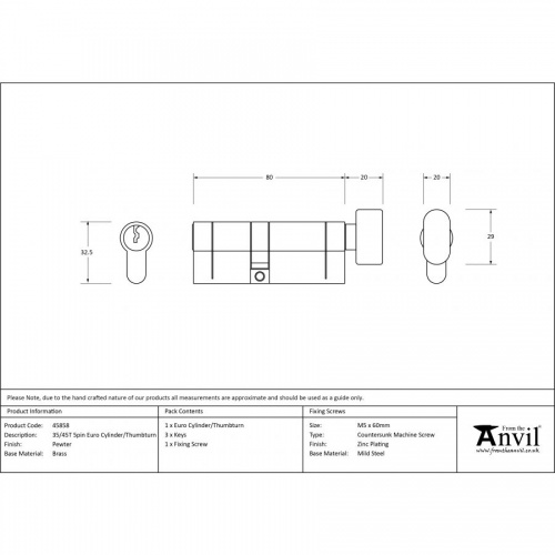 Pewter 35/45T 5pin Euro Cylinder/Thumbturn